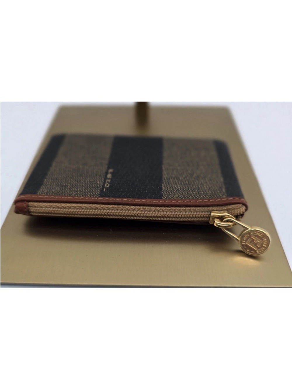 Fendi Pequín Brown Leather Trim Striped Canvas Coin Keys Pouch w/ Gold Hardware - Picture 11 of 11
